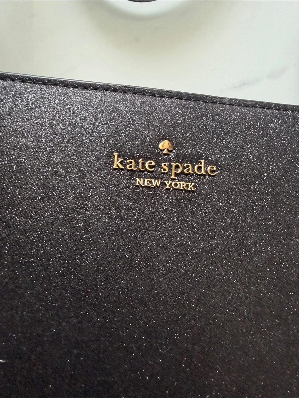 kate spade Black Glitter Tote with Gold Logo Accent